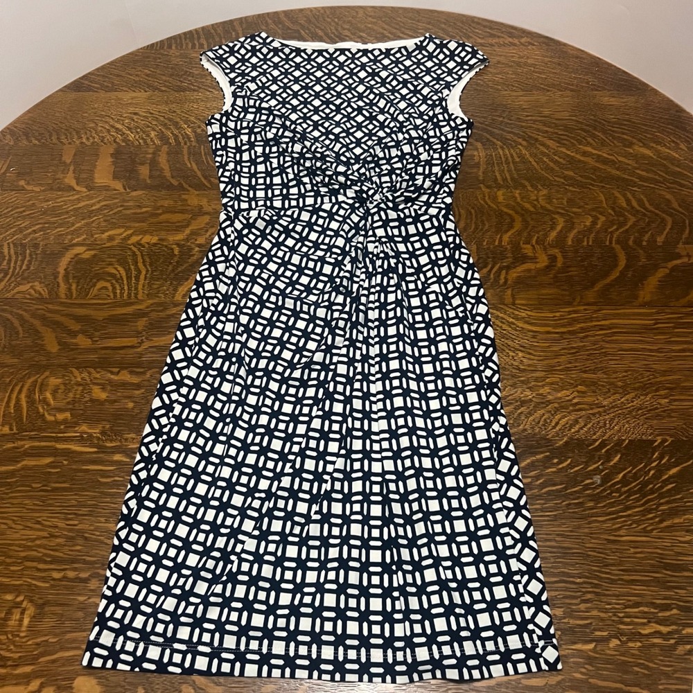 Lauren Ralph Lauren Sheath Dress Womens 8 Navy Blue White Geometric Twist Front